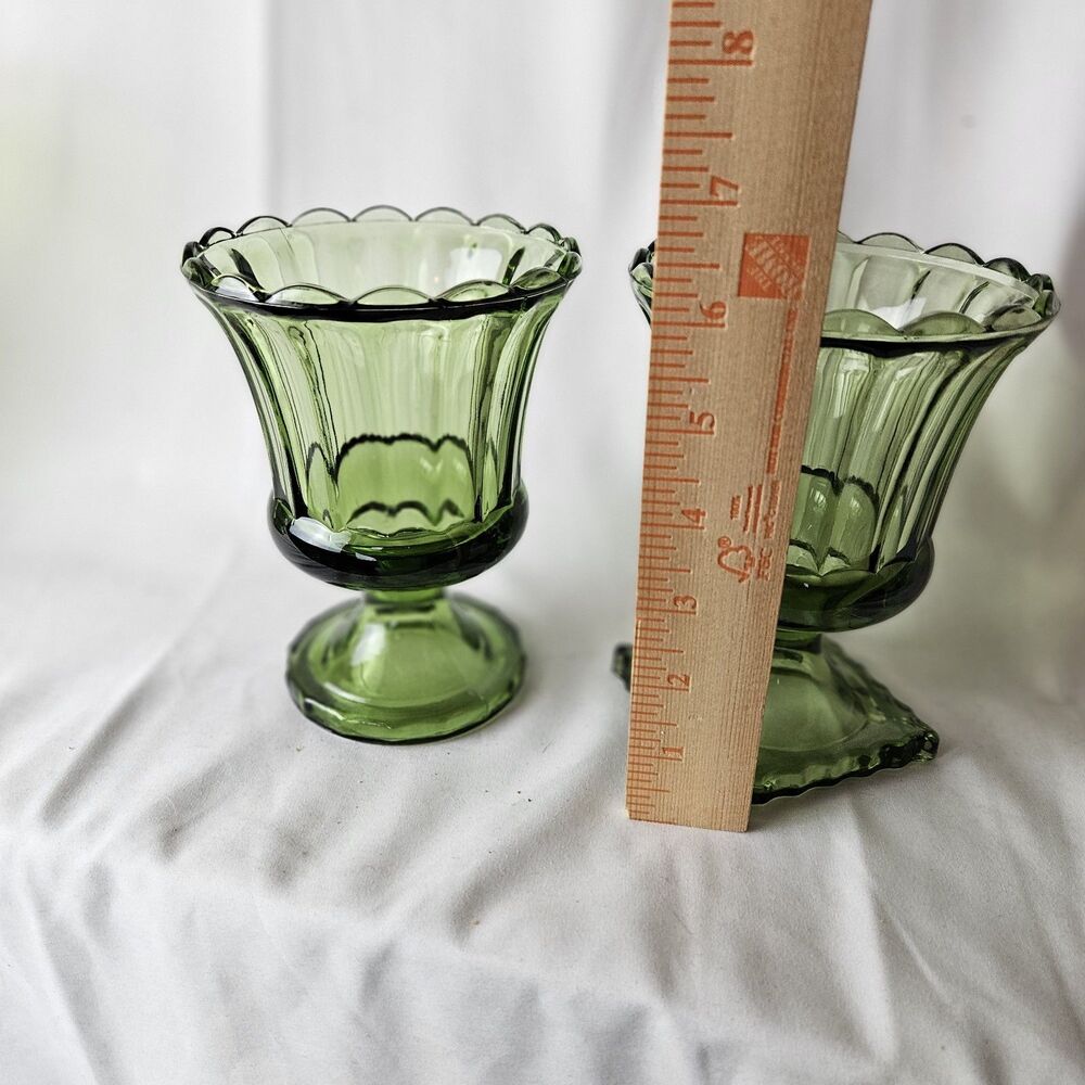 VTG Pressed Indiana Avocado Green Glass/Square Pedestal 6” X 4.5” Set Of 2 - Picture 4 of 5